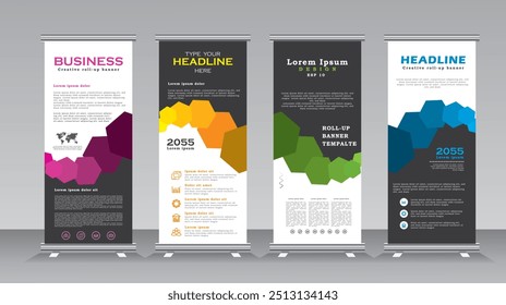 Roll up banner design tempalte set for business events,conferance, welcome, meetings, presentations, marketing, promotions, with blue, green, yellow, and purple color, print ready vetical banner.