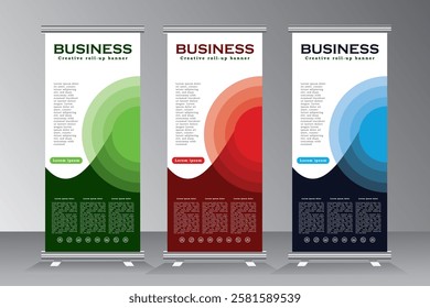 Roll up banner design tempalte set for business events, annual conferance, welcome, meetings, presentations, marketing, promotions, with blue, green, and red color, print ready vetical banner