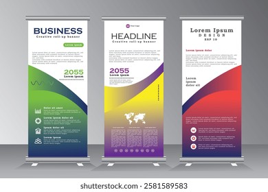 Roll up banner design tempalte set for business events, annual conferance, welcome, meetings, presentations, marketing, promotions, with green, yellow, and red color, print ready vetical banner