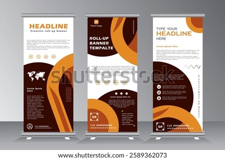 Roll up banner design tempalte set for business events, annual conferance, welcome, meetings, presentations, marketing, promotions, with brown and orange colour, print ready vetical banner