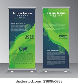 roll up banner design template, abstract background with green waves, vertical banner design with green color, standee, x banner, flyer, welcome pull up, vector eps 10