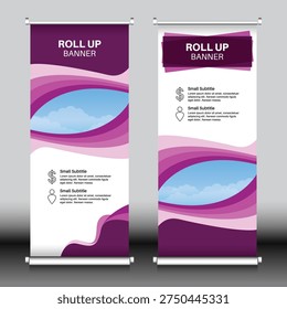 Roll up banner, design template, abstract background, vector, modern, rectangle design, illustration, outdoor, print, exhibition show, Simple, pull up, graphic element, curve and triangle, construction, pink
