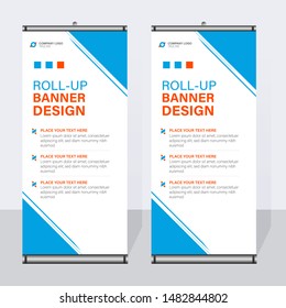 Roll up banner design template, with blue abstract background and template for business and advertising