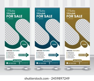 Roll banner design template with green color find your dream house find your real state roll up banner design
