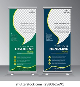 roll up banner design template with image space, vertical banner design with green and blue color, polygon standee, x banner, welcome pull up, vector eps 10