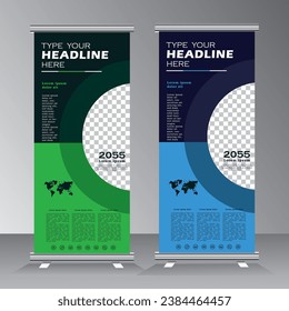 roll up banner design template with image space, vertical banner design with green and blue color, polygon standee, x banner, welcome pull up, vector eps 10