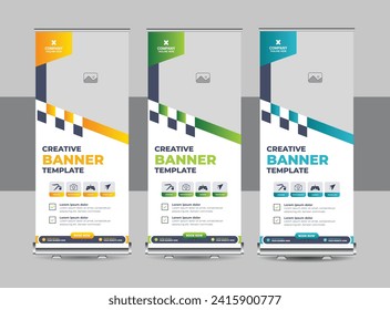 Roll up banner design template or Modern standee, flag banner, pull up design for print media. Vertical Banner Design Signboard Advertising Brochure Flyer Template Vector X-banner