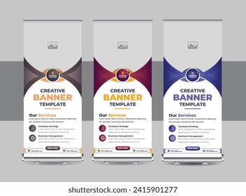 Roll up banner design template o Modern standee, flag banner, tire up design for print media. Diseño de plantillas verticales de banner de Business Rolup, para folletos, negocios, volante, infografías