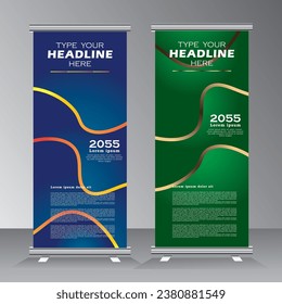 roll up banner design template on anstract wave shape background, vertical banner design with green and blue color, gradient line design standee, x banner, welcome pull up, vector eps 10