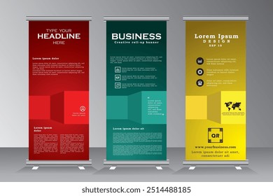 Modelo de design de banner de enrolar com vermelho, azul e verde. banner vertical, plano de fundo abstrato, design pull up, banner x moderno, tamanho do retângulo, apresentação, cartaz, anúncio, vetor