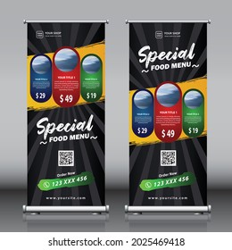 Roll up banner design template for restaurants hotels showrooms and shops with 3 food menu items, description and prices