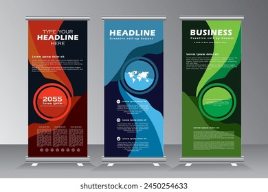 Rollup Banner Design Vorlage Set in Blau, Grün und Rot, Rollup Banner, Pull Up, vertikaler Banner, druckfertige Farben