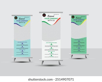   Roll up banner design template with shapes, patterns and image. Editable vertical template vector set, modern standee and flag, banner business presentations with 3d render.
