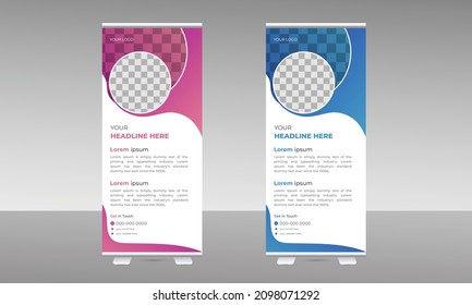Bannerdesign-Vorlage hochladen. Roll-Up-Banner-Vorlage Stand-Poster-Flyer 
Design und einzigartiges Konzept. Vertikales Bannerdesign. Banner zur Unternehmensauflösung