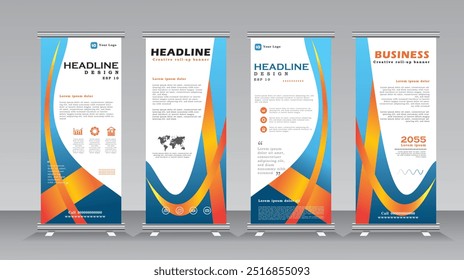 Plantilla de diseño de Anuncio enrollable. diseño de Anuncio de soporte con degradado mixto azul y amarillo, Anuncio publicitario, pull up, fondo, Arte vectorial, volante, Anuncio x, Anuncio de bandera, infografías, presentación