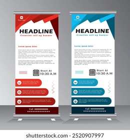 Roll up banner design template met drie secties, verticale banner template design, business stand template. moderne banner en standee, pull up banner, vector eps 10.