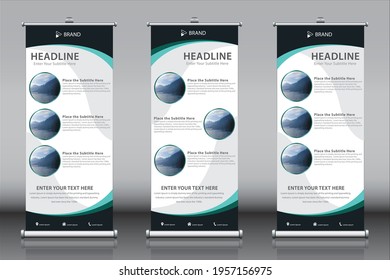Roll up banner design template vector with three images three titles and three themes. Vertical sign board advertisement, X-banner and Street Business Flag, Exhibition banner, Layout Background