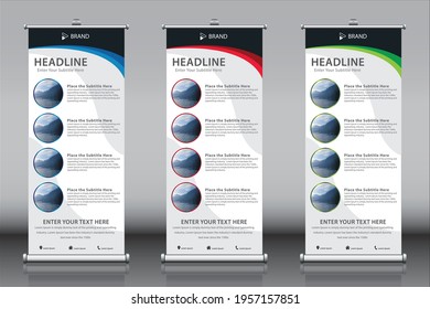 Roll up banner design template vector with four images 4 titles and three color themes. Vertical sign board advertisement, X-banner and Street Business Flag, Exhibition banner, Layout Background
