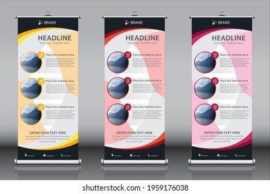 Roll up banner design template vector with three images, 3 titles, three themes. Vertical sign board advertisement, X-banner and Street Business Flag, Exhibition banner, Layout Background
