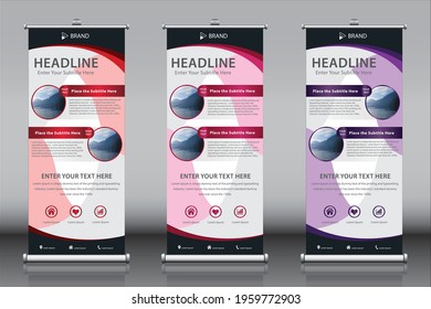 Roll up banner design template vector with 2 images two titles and three color themes. Vertical sign board advertisement, X-banner and Street Business Flag, Exhibition banner, Layout Background