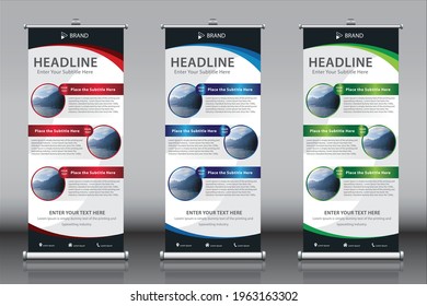 Roll up banner design template vector with three images 3 titles, red green blue. Vertical sign board advertisement, X-banner and Street Business Flag, Exhibition banner, Layout Background