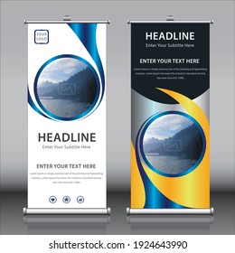 Roll up banner design template vectors with an image and titles. Beautiful colorful vertical rectangle size x banner for school presentations, advertisements, exhibitions publications and marketing