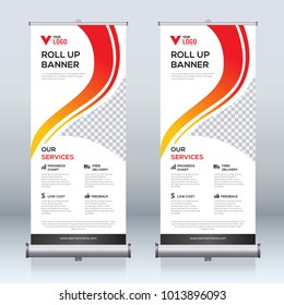 Roll up banner design template, vertical, abstract background, pull up design, modern x-banner, rectangle size. 