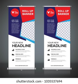 Roll up banner design template, vertical, abstract background, pull up design, modern x-banner, rectangle size. 