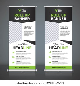 Roll up banner design template, vertical, abstract background, pull up design, modern x-banner, rectangle size. 