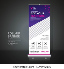 Roll up banner design template, vertical, abstract background, pull up design, modern x-banner, rectangle size. 