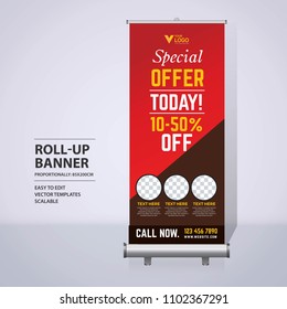Roll up banner design template, vertical, abstract background, pull up design, modern x-banner, rectangle size. 