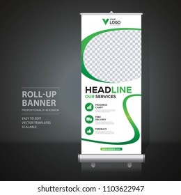 Roll up banner design template, vertical, abstract background, pull up design, modern x-banner, rectangle size. 