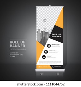 Roll up banner design template, vertical, abstract background, pull up design, modern x-banner, rectangle size. 