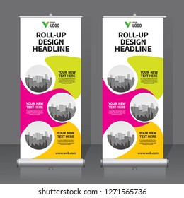 Roll up banner design template, vertical, abstract background, pull up design, modern x-banner, rectangle size. 