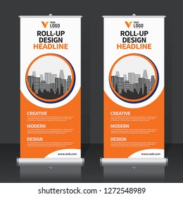 Roll up banner design template, vertical, abstract background, pull up design, modern x-banner, rectangle size. 