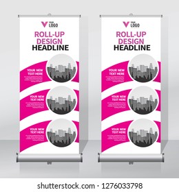Roll up banner design template, vertical, abstract background, pull up design, modern x-banner, rectangle size. 