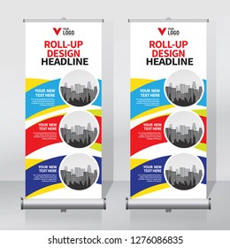 Roll up banner design template, vertical, abstract background, pull up design, modern x-banner, rectangle size. 