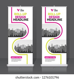 Roll up banner design template, vertical, abstract background, pull up design, modern x-banner, rectangle size. 