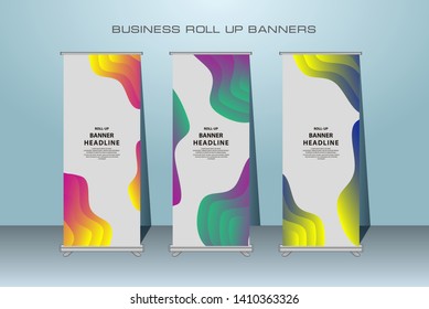 Roll up banner design template, Vertical banner template. Universal standing banner for conference, promotion banner vector background. 
Modern publication x-banner and flag-banner.