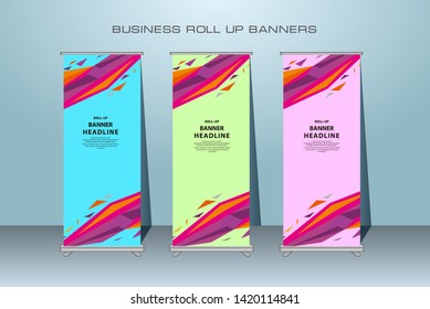 Roll up banner design template, vertical, abstract banner background, pull up design, modern standing banner, rectangle size.
