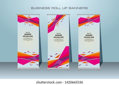 Roll up banner design template, vertical, abstract banner background, pull up design, modern standing banner, rectangle size. 