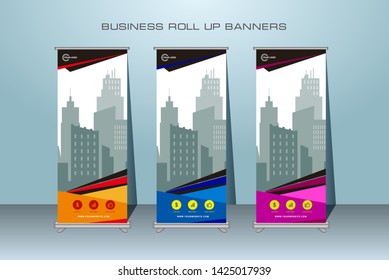 Roll up banner design template, vertical, abstract banner background, pull up design, modern standing banner, rectangle size. can be use for real estate advertising.