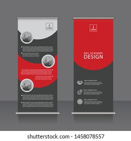 Roll up banner design template, vertical, pull up design, x-banner  presentation abstract geometric background, modern publication display and flag-banner in red and black color with a elegant look
