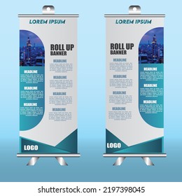 Roll up banner design template, vertical, abstract background, pull up design, modern x-banner, rectangle size.