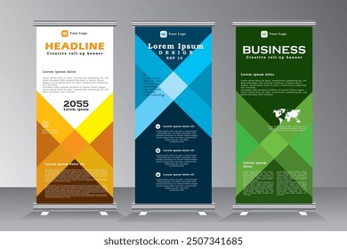 Roll up banner design template, Vertical Banner design template for business, modern x banner roll up design exhibition, roll up banner with blue, green and yellow colour, vector eps 10