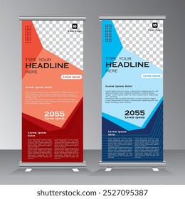 Roll up banner design template, verticale banner template design met beeldruimte, business stand template. moderne x-banner en standee banner, pull up banner, vector EPS 10.