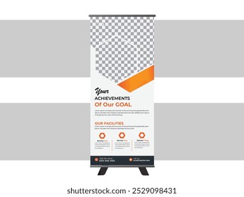 Modelo de design de banner de rolo, vertical, plano de fundo corporativo, design pull up