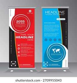 Plantilla de diseño de Anuncio enrollable, diseño de Plantilla de Anuncio de Vertical, soporte de negocios tempalte. Anuncio X moderno y Anuncio standee, Anuncio de color rojo y azul, Vector EPS 10.