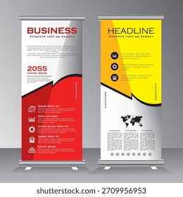 Plantilla de diseño de Anuncio enrollable, diseño de Plantilla de Anuncio de Vertical, soporte de negocios tempalte. moderno Anuncio X y Anuncio Standee, tire del Anuncio con color rojo y amarillo, Vector EPS 10.