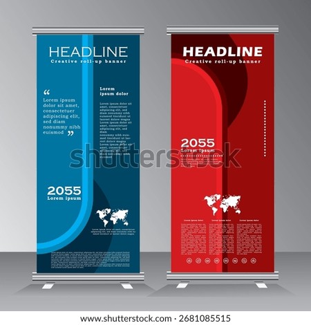 roll up banner design template, vertical banner template design, business stand tempalte. modern x-banner and standee banner, pull up banner with red and blue colour, vector eps 10.
